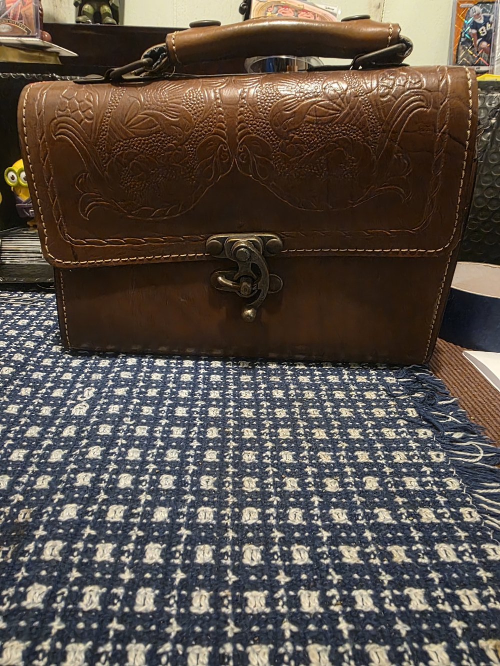 Source Unknown Brown Tooled Leather Satchel with Brass Clasp